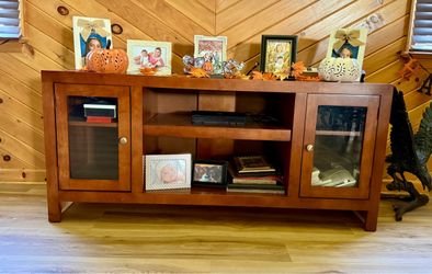 Wood TV Stand with Glass Door Cabinets