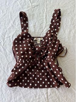 Brown and white polka dot shirt with cutout in the middle size LARGE