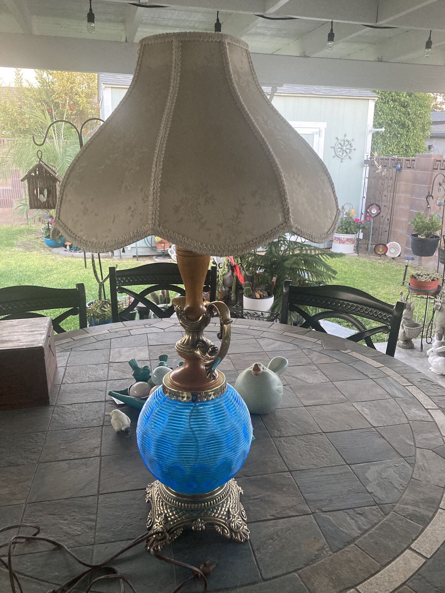 Vintage Victorian Blue Ribbed Glass Lamp