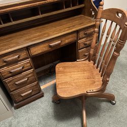Oak Roll Top Desk & Chair