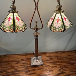 VINTAGE -  Table / Desk / Double Goose Neck   Lamp / HAND PAINTED GLASS/  Very Old 
