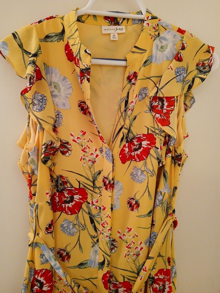 Maison Jules Yellow Floral Print Lined Midi Dress Flutter Sleeves Size Medium
