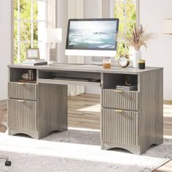 60 in. Wash Grey Fluted Executive Desk with 4-Storage Drawers and Keyboard Tray, Computer Desk for Home Office