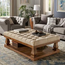Knightsbridge Linen Baluster Ottoman by iNSPIRE Q Artisan - Large Tufted Beige Rustic Wood Ottoman | 60” x 40” x 20”