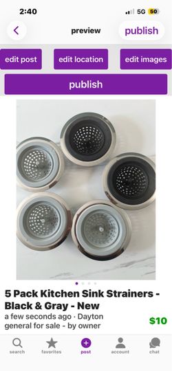 5 Pack Kitchen Sink Drain Strainers - Black & Gray - New