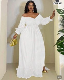 New! White Off Shoulder High Slit Elastic Waist Long Maxi Dress Size 0XL