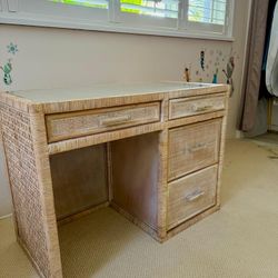 Small Rattan Desk With Glass Top 