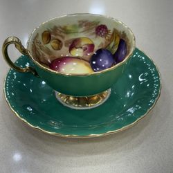AYNSLEY Cup Saucer Green ORCHARD FRUIT England Teacup 