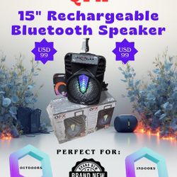 15" rechargeable bluetooth speaker perfect for outdoors, or indoors. Microphone included for karaoke.