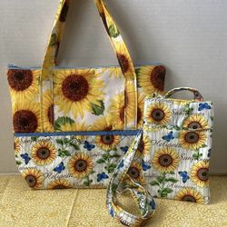 NEW SUMMERTIME SUNFLOWERS BUTTERFLIES QUILTED HANDMADE PURSE & CROSSBODY PHONE POUCH 