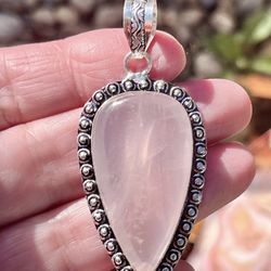 Teardrop Natural Rose Quartz 95 Silver 2” Pendant