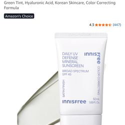 innisfree Daily Mineral UV Defense SPF 45 Face Sunscreen with Green Tint, Hyaluronic Acid, Korean Skincare, Color Correcting Formula