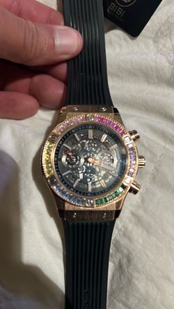 Rose Gold Skeleton Chronograph Watch Rainbow Bezel