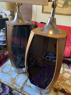 Vintage 1960s Mid Century Modern Large Walnut Wood Black Plexi Table Lamps 