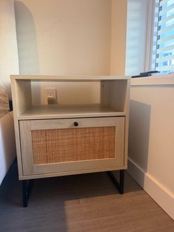 Rattan Wood Side Table Nightstand - Set of 2