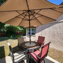 Outdoor Table, Chairs, Umbrella, and Stand