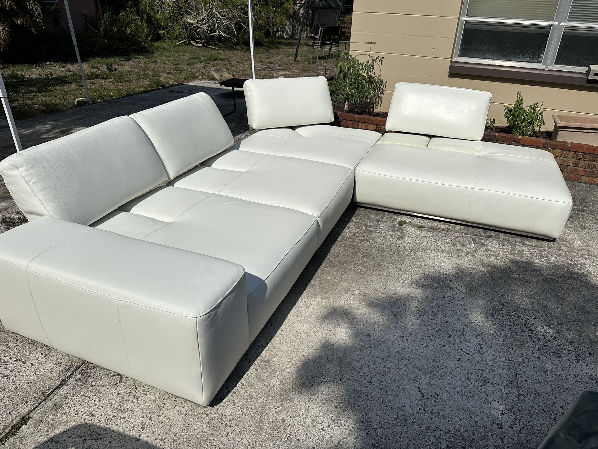 Italian White Leather Chaise Sectional Sofa