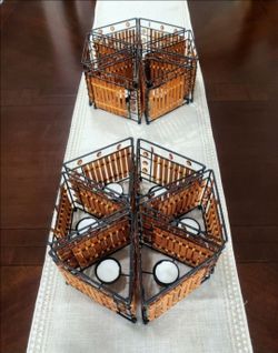 Set of 12 vintage style triangular metal candle holders, decorated with transparent red stones; includes wooden sticks & tealight candles (small votiv