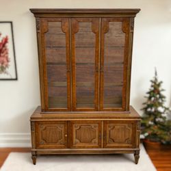 Vintage Brown China Cabinet w/ Glass Shelves & Lights