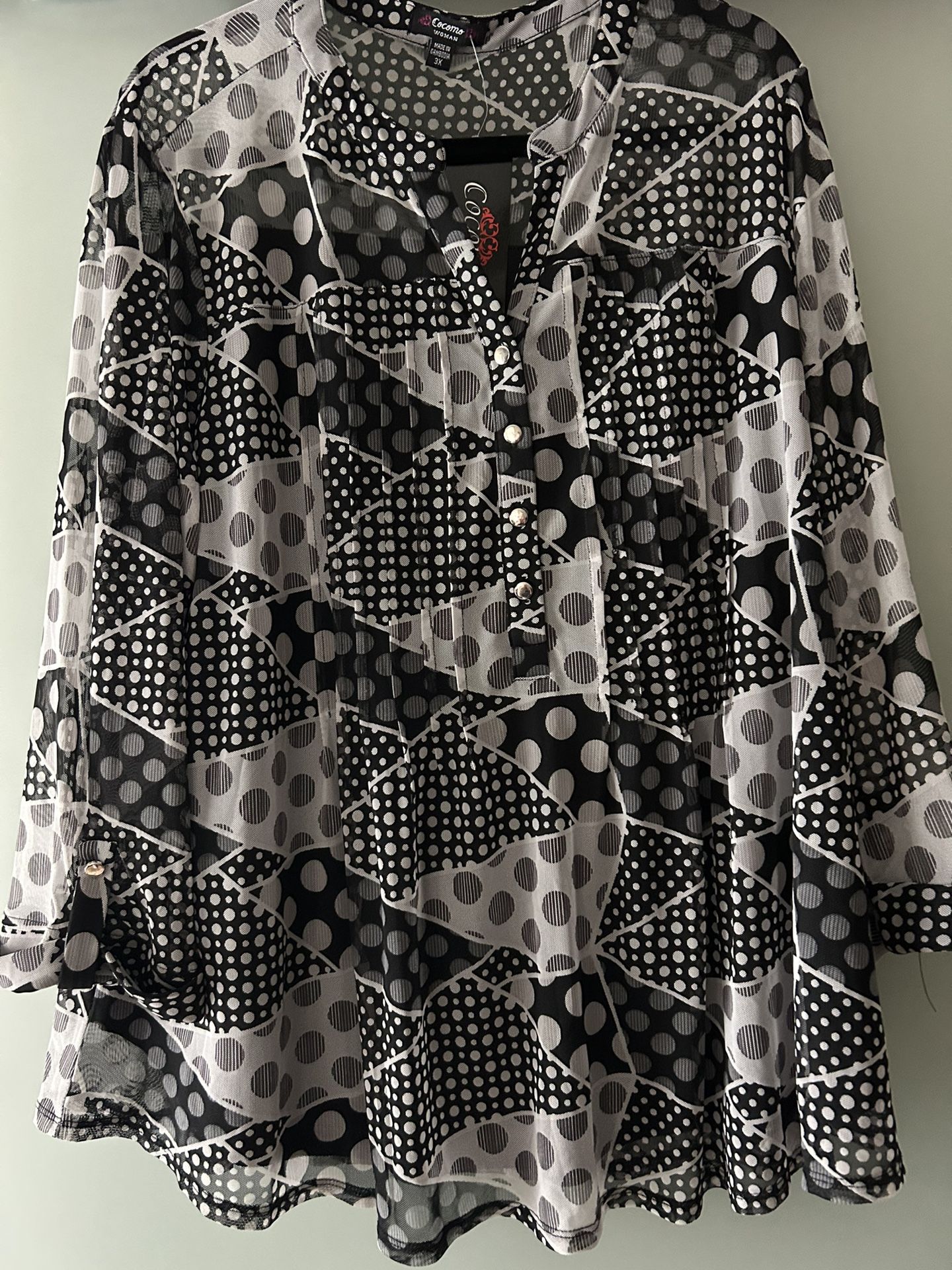 Cocomo Woman 3X Sheer Polka Dot Patchwork Blouse + Karen Scott Knit Vest Bundle 