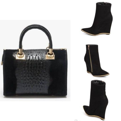 Elegant Black Suede Hand Bag With Croc & Gold Detail