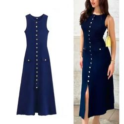 Women Knitted Sleeveless Long Dresses/gold button long sweater dress