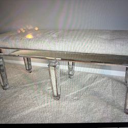 Mirrored Hall/ Bedroom Bench With Tufted Linen Fabric  / From Upscale Home In Melville 