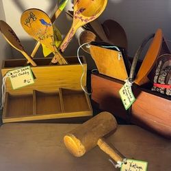 Vintage Wood Mallet, Old Desk Tool Caddy with Spoons, Handled Vintage Wood Box, Rolling Pin