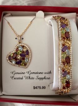 Genuine Gemstone Heart Pendant Necklace & Matching Bracelet Set – Gold Tone