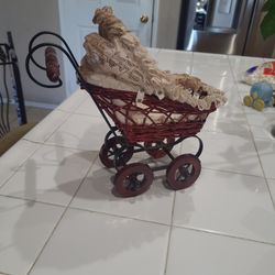 VINTAGE WICKER WOOD BABY DOLL BUGGY PRAM SMALL ANTIQUE VICTORIAN STYLE