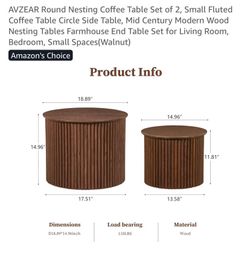 AVZEAR Round Nesting Coffee Table Set of 2, Small Fluted Coffee Table Circle Side Table, Mid Century Modern Wood Nesting Tables Farmhouse End Table Se