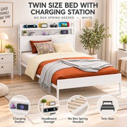 TWIN SIZE BED WITH CHARGING STATION . NO BOXSPRING NEEDED WHITE