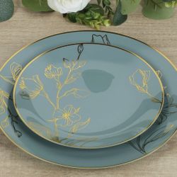 Set of 20 Dusty Blue Plastic Party Plates With Metallic Gold Floral Design, Disposable Round Dinner and Dessert Plates - 8",10"
