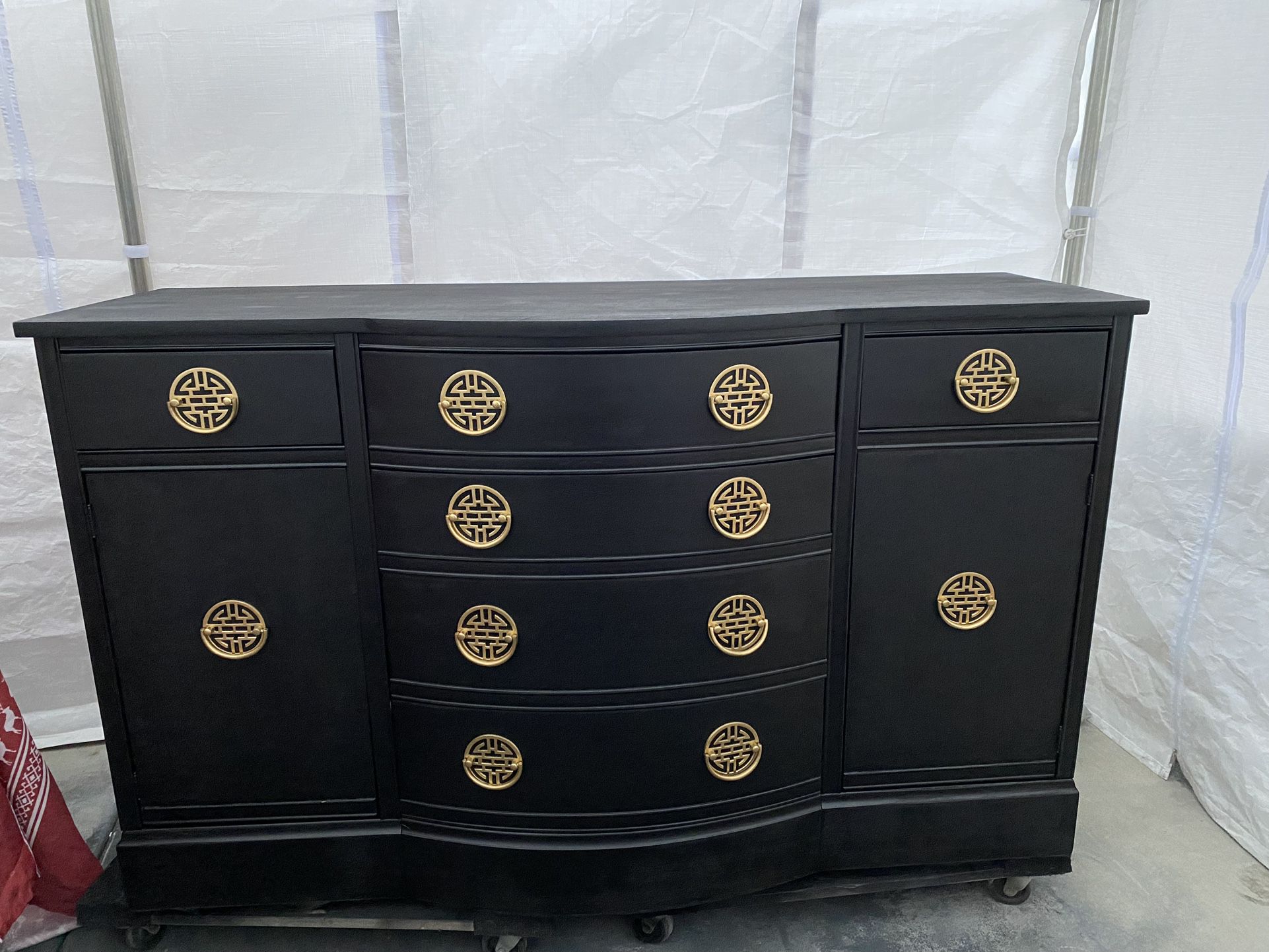 6 drawer vintage black wood multi purpose dresser/ cabinet / hutch / cabinet great condition