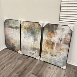 Set of 3 Framed Abstract Wall Art Panels 24” x 36” Each