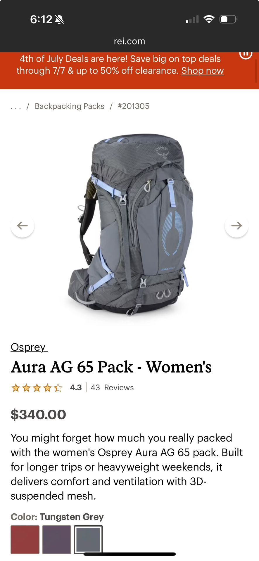 Osprey Aura AG 65 Liter Backpack