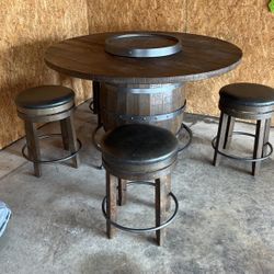 Barrel Table And 4 Bar Stools Leather Covered 