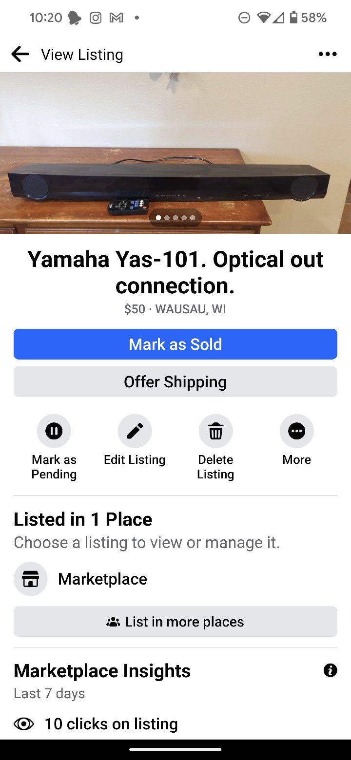 Yamaha Yas-101 Soundbar With Remote And Optical Out Cable 