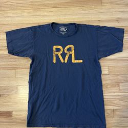 Ralph Lauren RRL Ranch Logo Shirt Navy Blue SMALL Worn Distressed Faded Letters