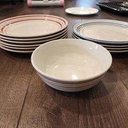 11 pcs Gibson Ceramic GIDDURIIC 4 Cobalt blue and 6 Red bands Dinner Plate 10 1/2 in - Set of 10 and 1 Bowl 