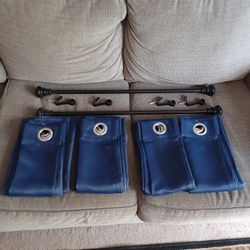 Two Sets Blue Curtains ,Curtain Rods And Hardware 