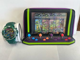 Loungefly Teenage Mutant Ninja Turtles 40th Anniversary Vintage Arcade Lenticular Zip Around Wallet & Watch