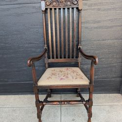 Antique Tall Oak Arm Chair Vintage Embroidery Upholstery 