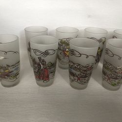 Currier And Ives Frosted Painted Glasses Set Of 8 With 6 Different Scenes
