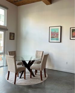 Round Glass Dining Table Set – Table, 4 Chairs, and 6’ Round Rug