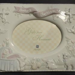 Vintage Russ Berrie Baby's Baptism Porcelain 3.5"x5" Photo Frame Pink Girl