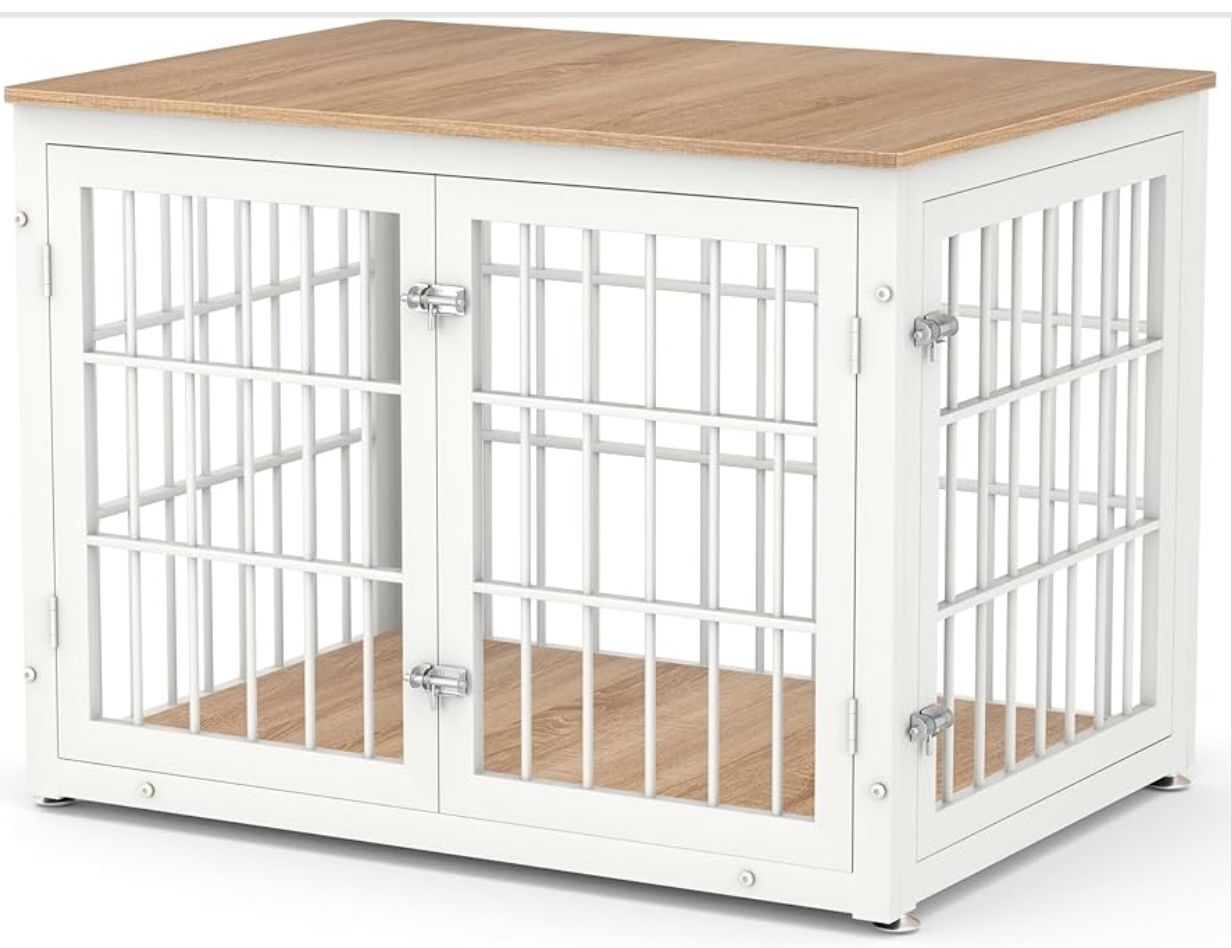 White Wood/Metal Furniture Dog Crate w/ Matching Custom Primo Pad