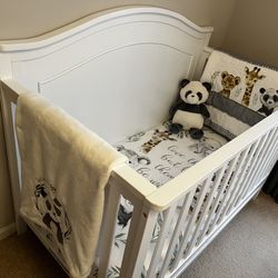 White Convertible Crib With Mattress & Bedding & Accessories 