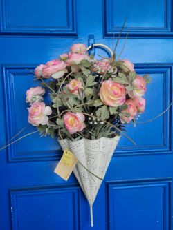 Pink Rose Faux Floral Door/Wall Umbrella In White