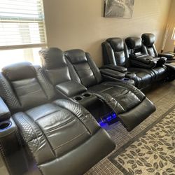 Black Movie Theater Leather Sectional W/recliner and blue LED lights
